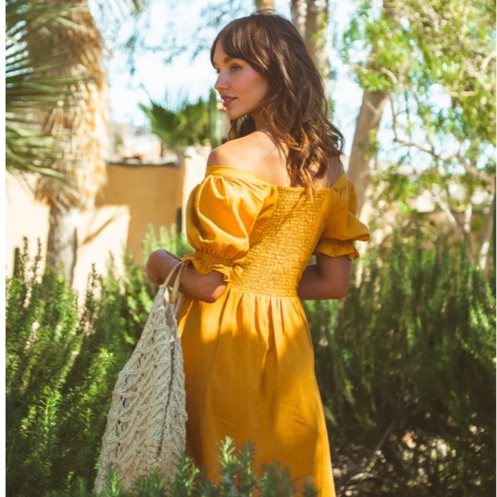Cyndy Mini Dress Marigold Tamga Designs Yellow European Flax Linen Sustainable - Picture 3 of 6